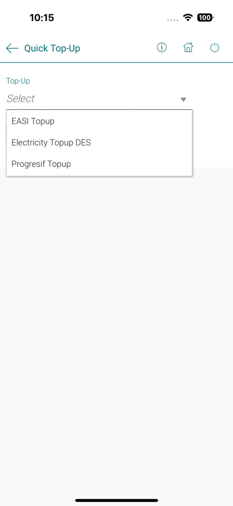 TAIBVX - TAIBVX mobile app interface showing quick top up options for EASI and Electricity.