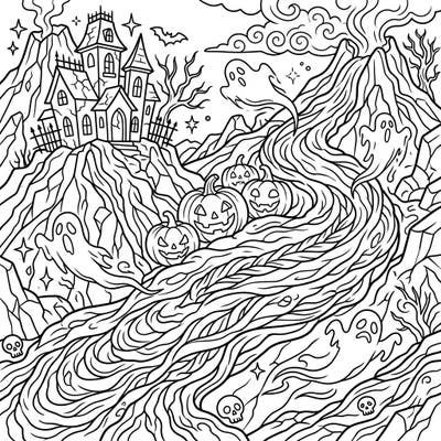 Get ready for a unique Halloween coloring experience, blending the mesmerizing textures of Pahoehoe lava flows with classic spooky elements. This intricate design invites you to transform a haunted mountain scene into a vibrant masterpiece.