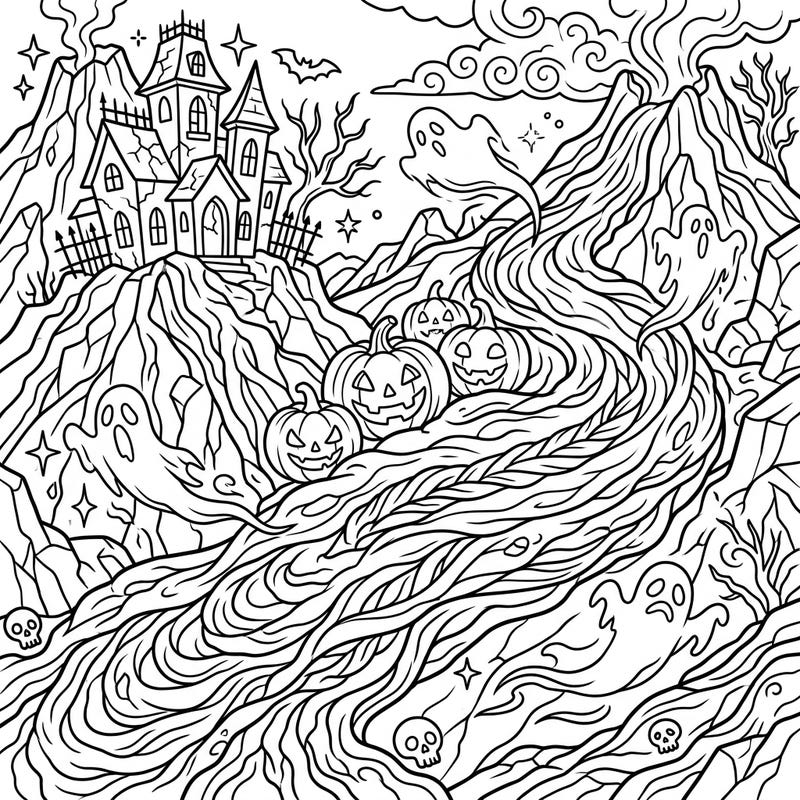 Get ready for a unique Halloween coloring experience, blending the mesmerizing textures of Pahoehoe lava flows with classic spooky elements. This intricate design invites you to transform a haunted mountain scene into a vibrant masterpiece.