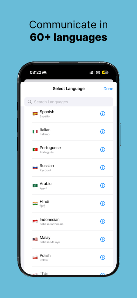 A mobile interface of the Live Translator X app displaying a comprehensive list of over 60 languages available for translation and offline download.