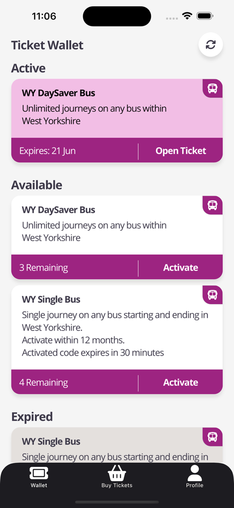 MCard Mobile - MCard Mobile app ticket wallet showing active and available bus tickets for West Yorkshire