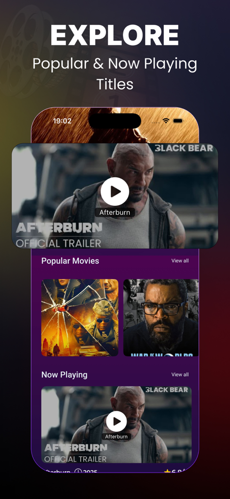 Buz Pro : TV Shows & Movies - Interfaz de la aplicación Buz Pro que muestra títulos de películas populares y en cartelera con tráilers de video.