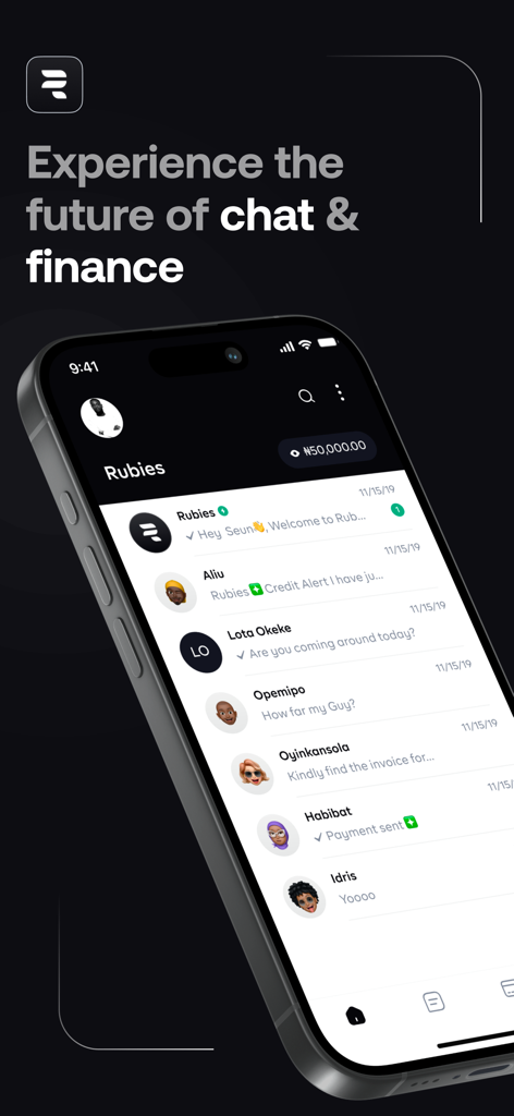 iPhone showing Rubies app conversational banking interface with a chat list for financial transactions