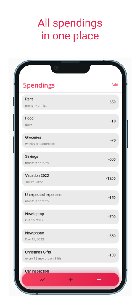 Financial Freedom Tool - Una lista de entradas de gastos manuales en la aplicación Financial Freedom Tool que incluyen alquiler, comida y ahorros.