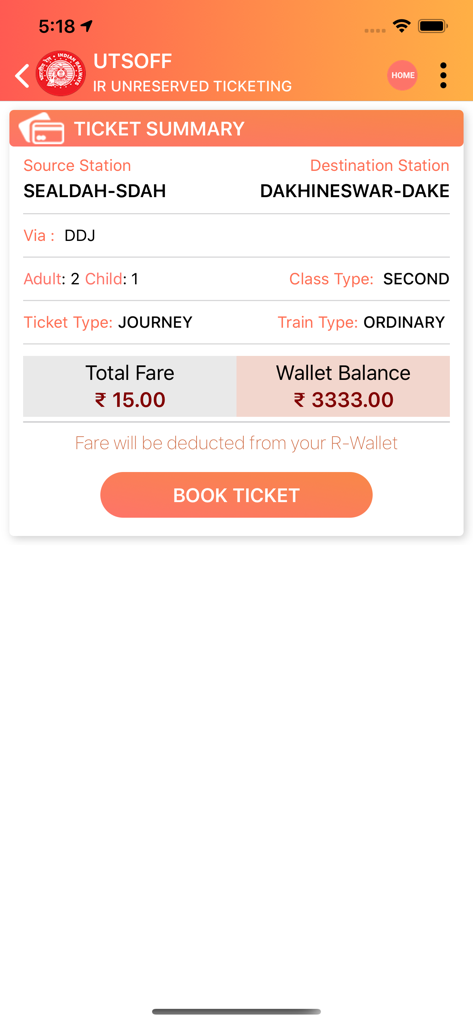 UTS - Ticket summary screen on the UTS app showing train journey details and total fare