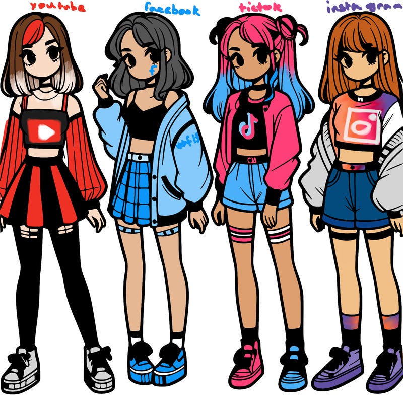 one girl with crop-top shirt and a jacket with a skirt, long socks and another girl with a shirt and pants with a jacket