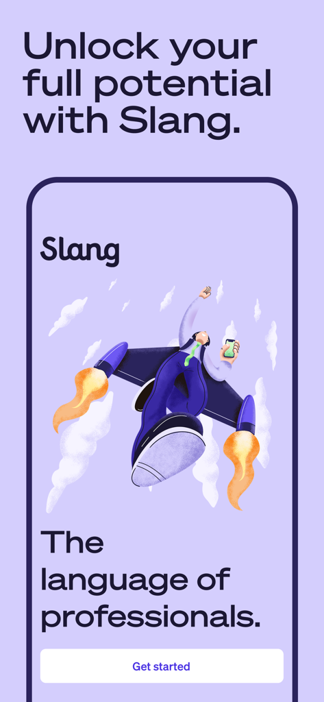 Slang: Professional English - Slang app onboarding screen featuring an illustration of a professional flying with a jetpack to unlock their career potential.