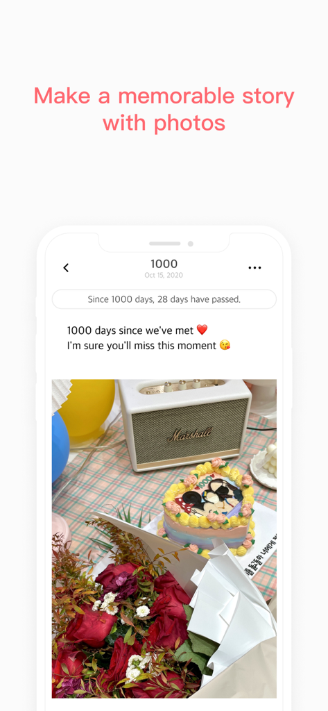 TheDayBefore (days countdown) - Mobile app screen showing a 1000 day anniversary story with photos of a cake and roses