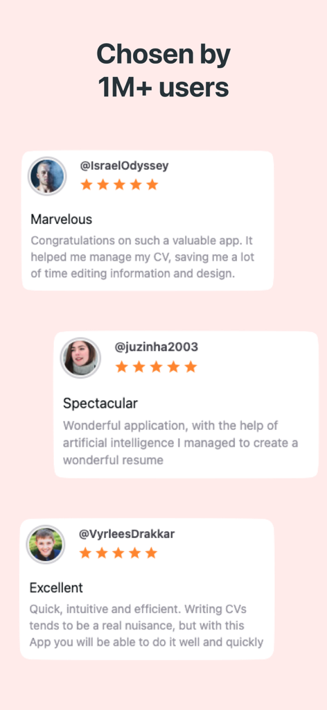 Screenshot showing 5-star user testimonials for the CVpop Resume AI app with praise for its efficiency and ease of use.