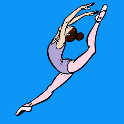 gymnast doing a leap in a leotard with a bent back leg