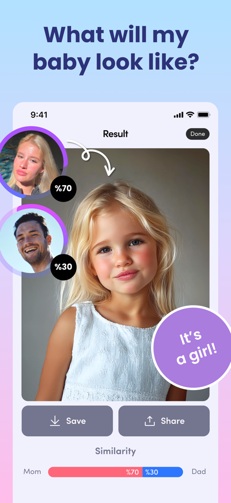 AI baby face generator app showing a predicted girl result with parental similarity percentages