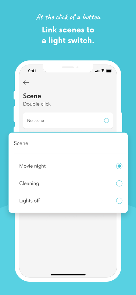 Plejd - The Plejd app interface showing the configuration of a movie night scene for a physical light switch.