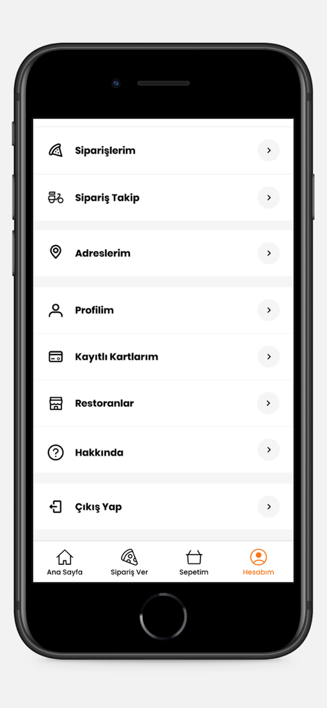 Account menu screen of the Little Caesars Türkiye app showing options for order history tracking and profile settings