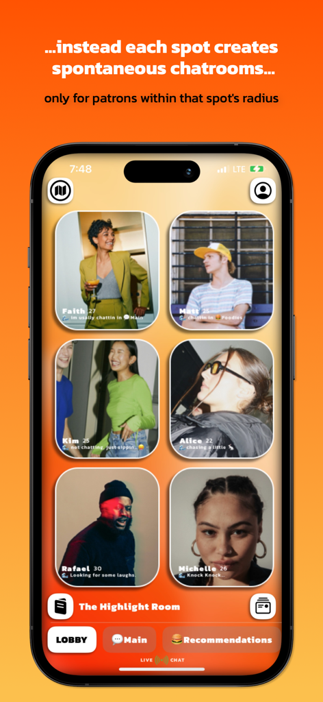 Find Your Vibe - Find Your Vibe mobile app screen showing profiles of people checked into a venue chatroom