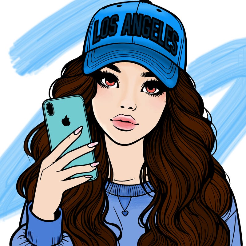 realistic beautiful girl wearing los ángeles cap holding an iphone