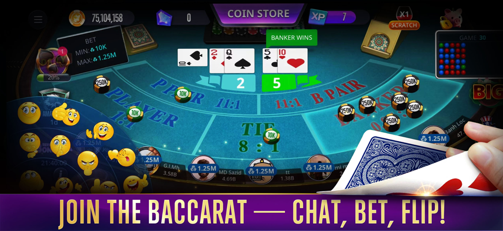 Lucky Bang: Online Casino - Juego de mesa de Baccarat en Lucky Bang Casino Online mostrando fichas de apuestas y funciones de emojis sociales