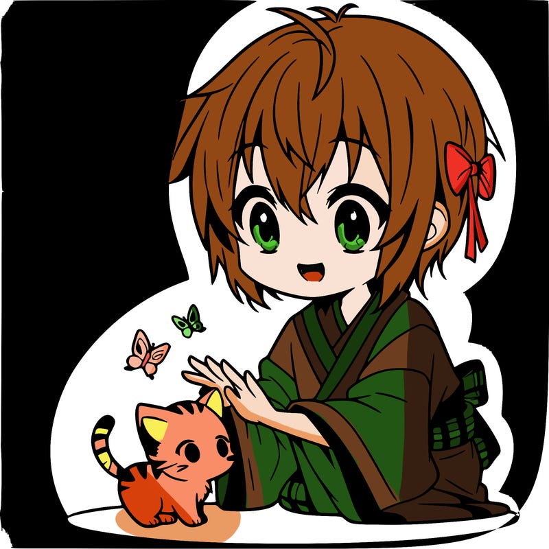 anime girl playing with a kitten