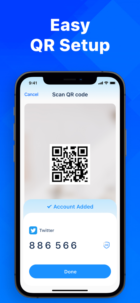 Authkey アプリが iPhone で QR コードをスキャンし、セキュリティコード付きで Twitter の 2FA アカウント設定が成功したことを示しています。