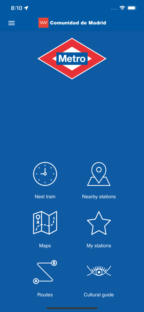 Official Metro de Madrid - Schermata principale dell'app Metro Ufficiale di Madrid che mostra icone di navigazione per mappe e itinerari dei prossimi treni