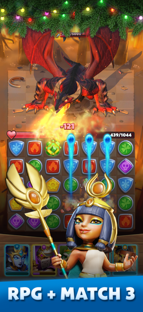 Una batalla RPG de Match-3 en Puzzle Breakers Champions War con un dragón rojo legendario y un héroe de fantasía