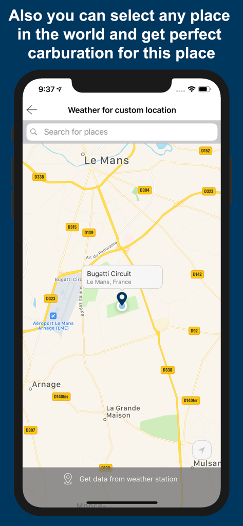 Jetting IAME KZ1 / KZ2 Kart - Tela de mapa mostrando a seleção de localização personalizada para cálculos de clima e ajuste de carburador no Circuito Bugatti