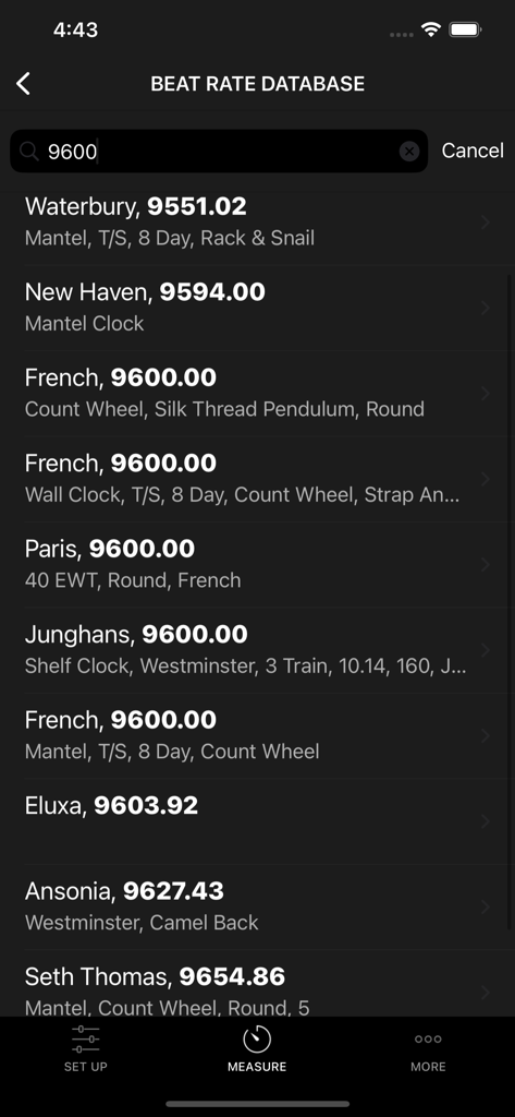 ClockMaster - Time Regulator - ClockMaster app beat rate database showing timing data for various mechanical clock brands