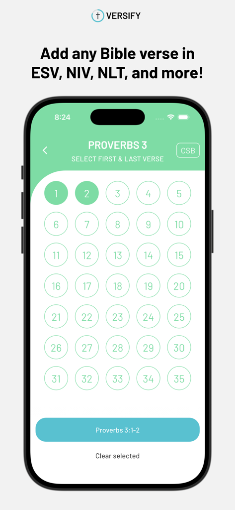 Versify app interface for selecting specific Bible verses to memorize from Proverbs chapter three.
