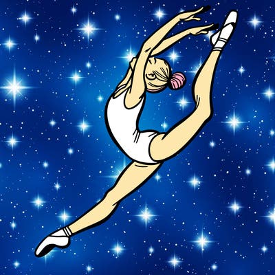 gymnast doing a leap in a leotard with a bent back leg