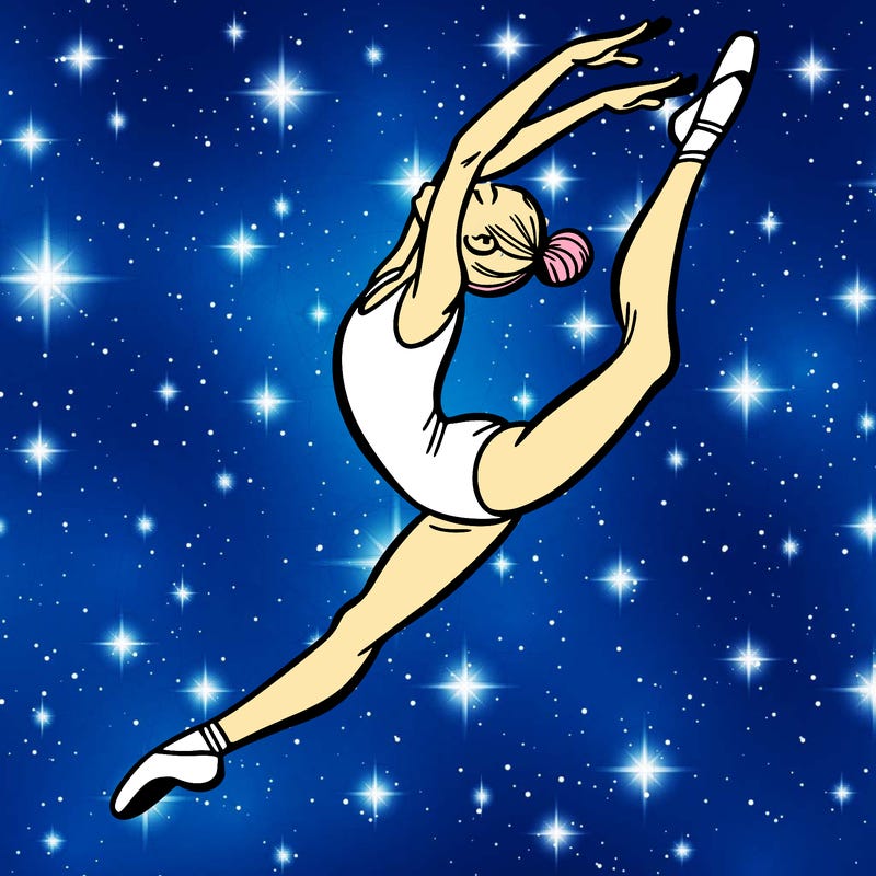 gymnast doing a leap in a leotard with a bent back leg