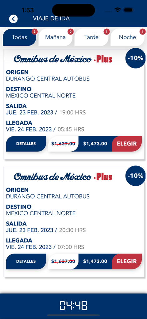 Omnibus De México - Omnibus de Mexico app screen showing bus trip schedules and ticket discounts from Durango to Mexico City