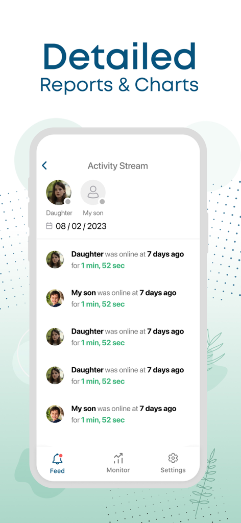 Eva: WA Family Online Tracker - Tela de fluxo de atividade do rastreador online familiar Eva mostrando a duração do uso
