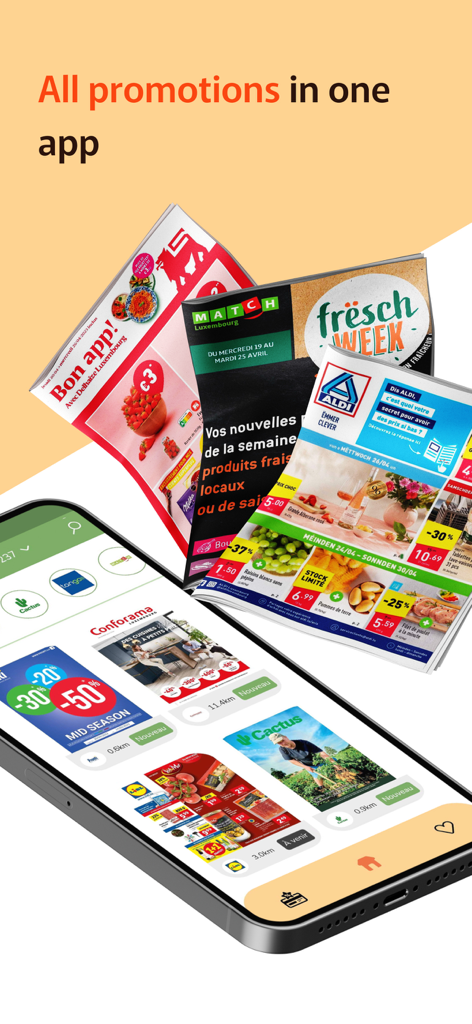 Biscuit - Teléfono inteligente mostrando la interfaz de la aplicación Biscuit con catálogos digitales de tiendas y descuentos de compras