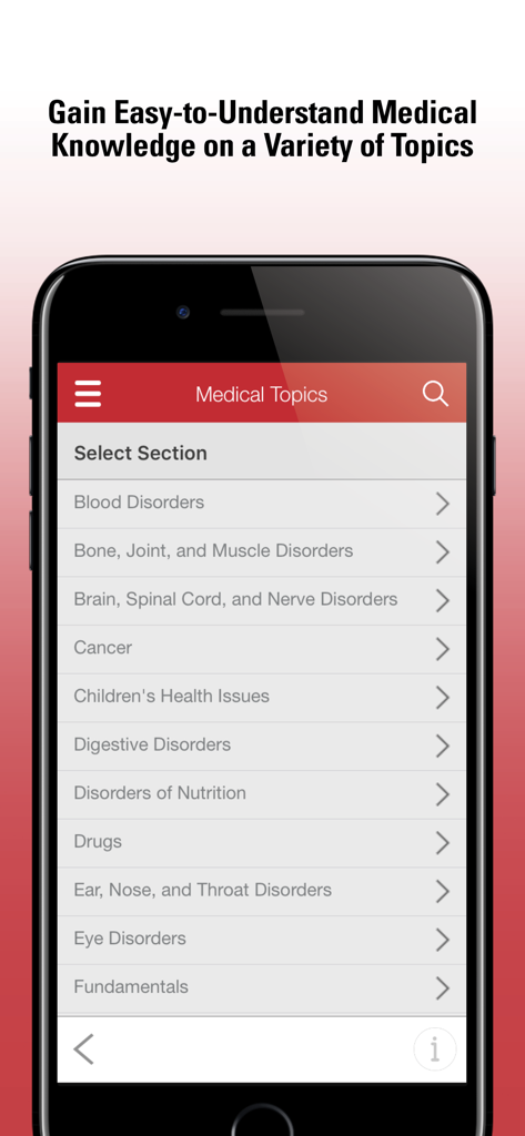 Merck Manual Consumer - Merck Manual Consumer app interface showing a list of searchable medical topics including cancer and childrens health