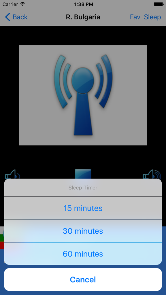 Radio Bulgaria - La aplicación Radio Bulgaria que muestra el menú de selección del temporizador de apagado con opciones de 15, 30 y 60 minutos