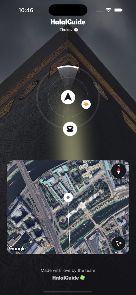 Qibla compass: Direction Mecca - Interfaccia dell'app bussola Qibla con una freccia direzionale e una mappa satellitare per trovare la Mecca