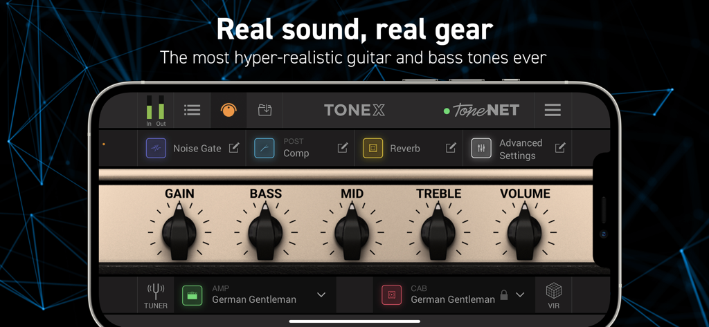 AmpliTube TONEXモバイルアプリのインターフェース。プロ仕様のギターアンプコントロールとAIマシンモデリングエフェクトがスマートフォン画面に表示されている