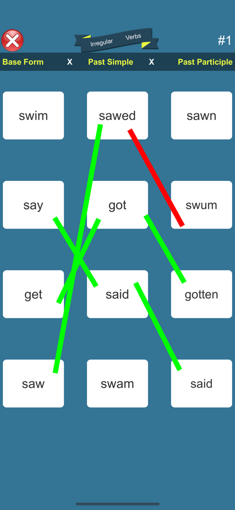 Opposite Words Learning - 色分けされたフィードバック付きの英語の不規則動詞学習用マッチングゲーム