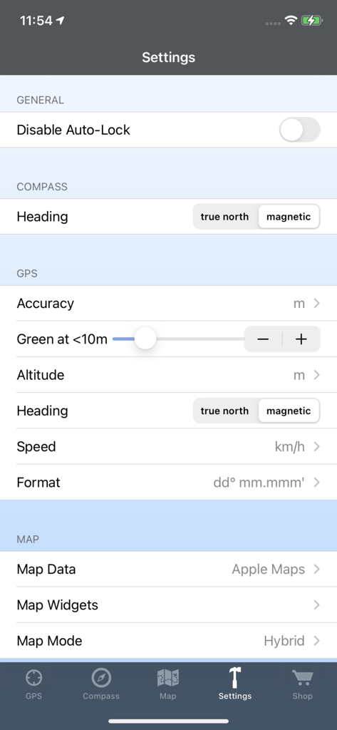 GPS & Maps: Location Tracker - Pantalla de configuración de la aplicación GPS y Mapas que muestra opciones de configuración para la dirección de la brújula, unidades GPS y fuentes de datos de mapas.