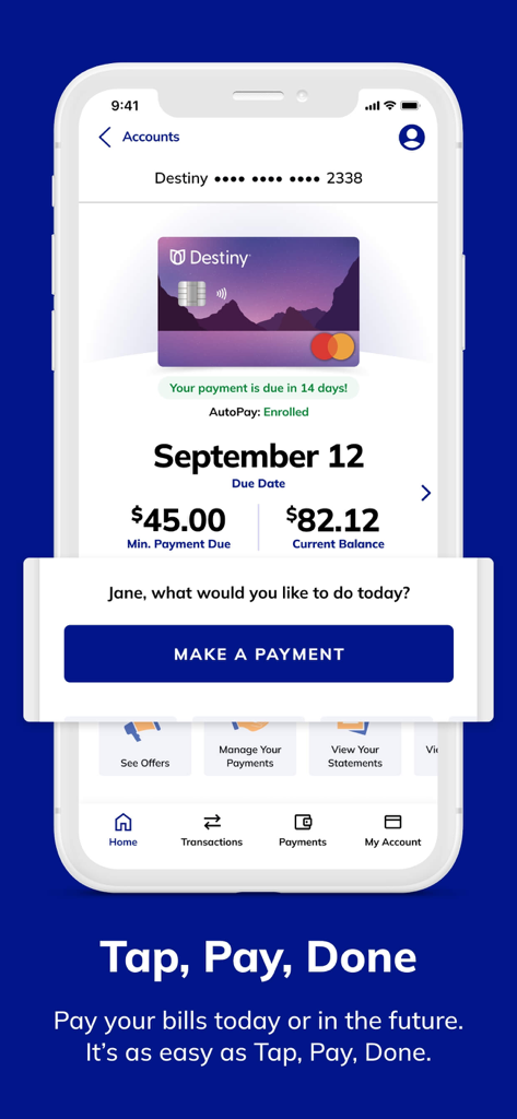 Concora Credit - Interface mobile de l'application Concora Credit affichant le solde d'un compte Destiny Mastercard et un grand bouton Effectuer un paiement.