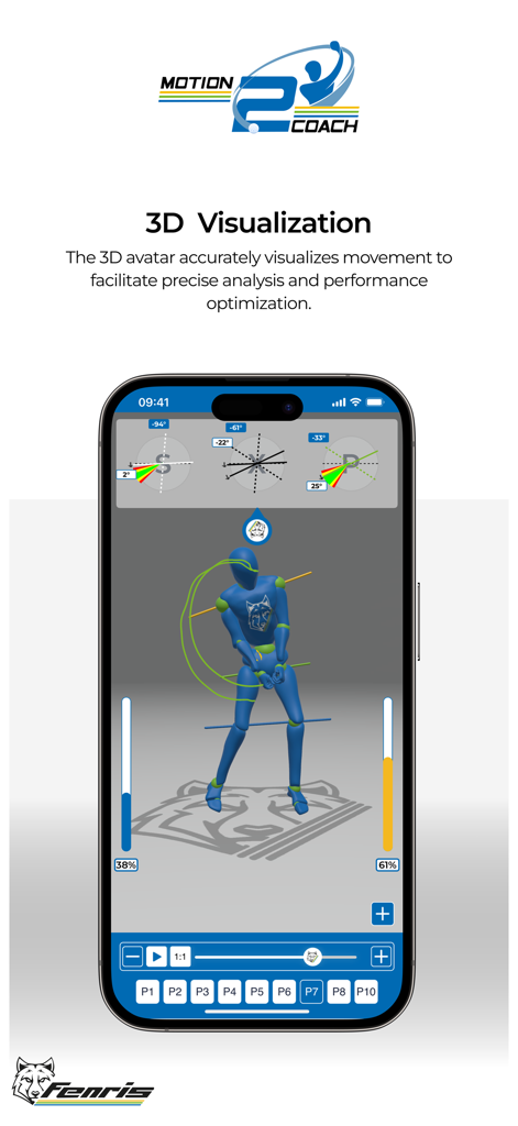 Motion2Coach Golf - A smartphone displaying a blue 3D avatar performing a golf swing with skeletal overlays and biomechanical data for performance analysis.