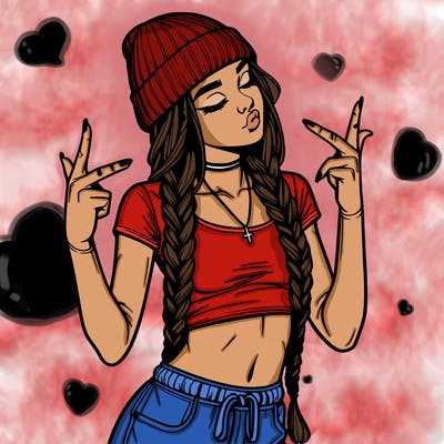 realistic teenage girl with braids and a beanie and crop top doing 🫶🏼