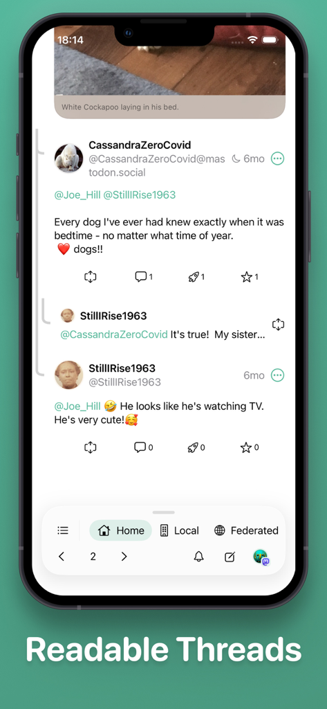 Pipilo - Screenshot of the Pipilo app showing a clean and readable conversation thread from the Fediverse on a mobile device.