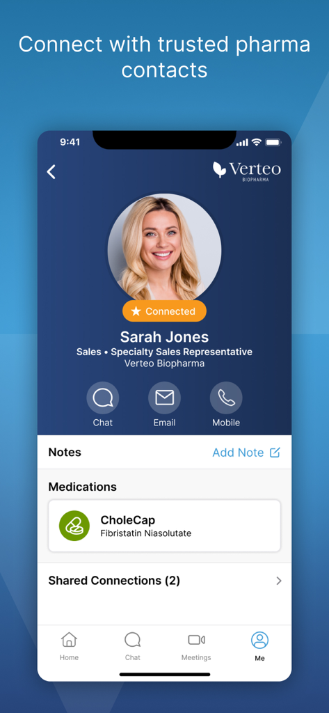 Veeva Engage app showing a profile for a pharmaceutical sales representative with contact buttons for chat, email, and mobile