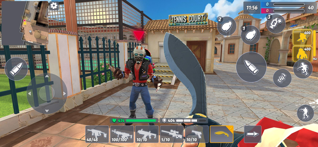 First person shooter gameplay in Contra Guns showing a melee weapon and enemy player in a tactical arena