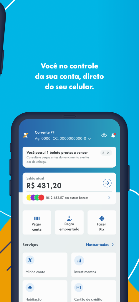 Panel de la aplicación de banca móvil CAIXA que muestra el saldo de la cuenta y acceso rápido a Pix y pagos de facturas en portugués.