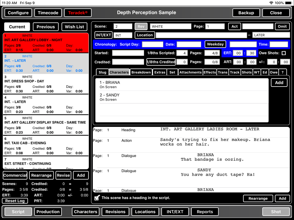 ScriptE S - Professional script supervision interface showing scene logs and character breakdowns on iPad