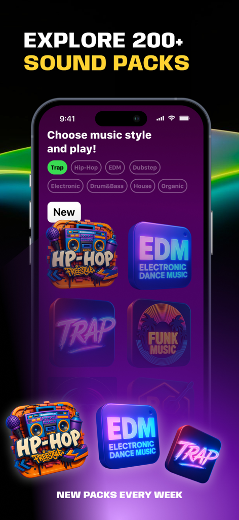 Beat Maker Studio app screen showing diverse music style sound packs for Hip-Hop EDM and Trap