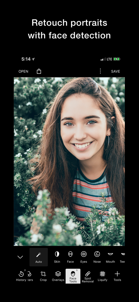 Polarr Pro app interface showing AI face detection and portrait retouching tools