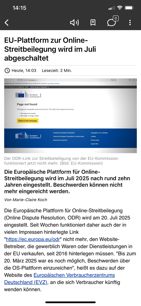 heise online | IT-News - Una captura de pantalla de un artículo de noticias técnicas en la aplicación móvil heise online