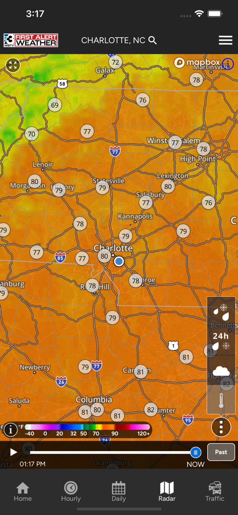 WBTV First Alert Weather - WBTV First Alert Weather app radar screen showing current temperatures on a map of Charlotte North Carolina